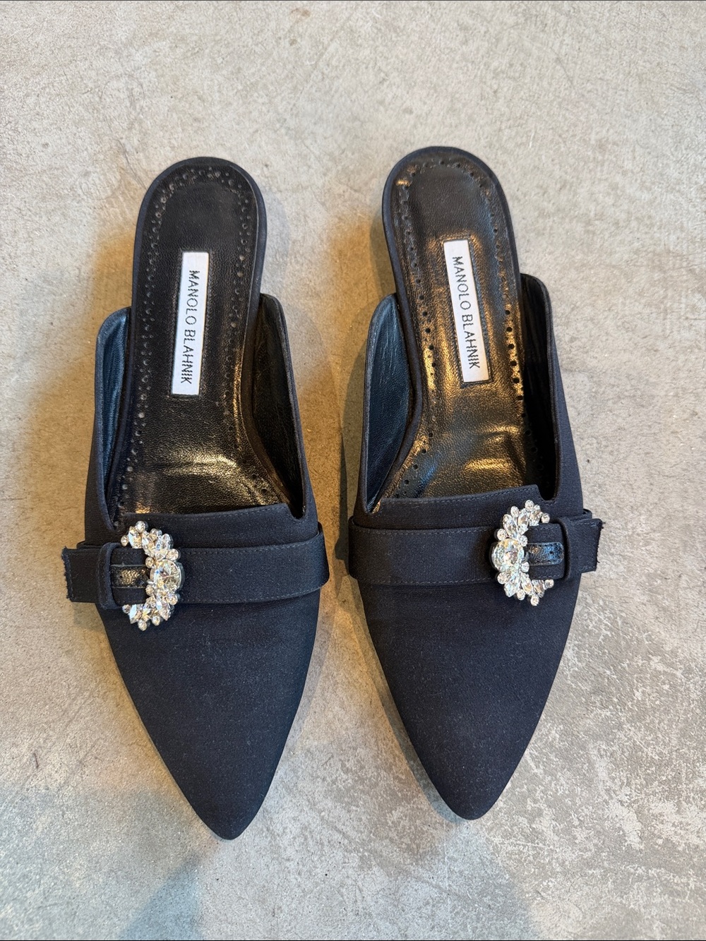 Manolo Blahnik Black Pointed Crystal-Buckle Mules